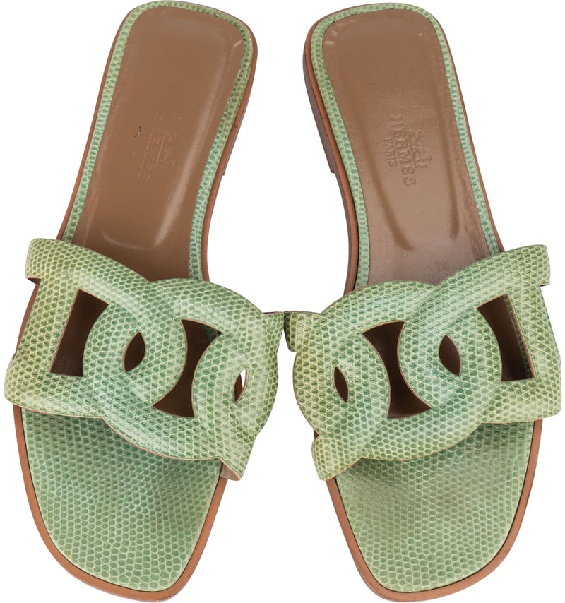 Hermès Green Lizard Leather Omaha Aloha Sandals (37)