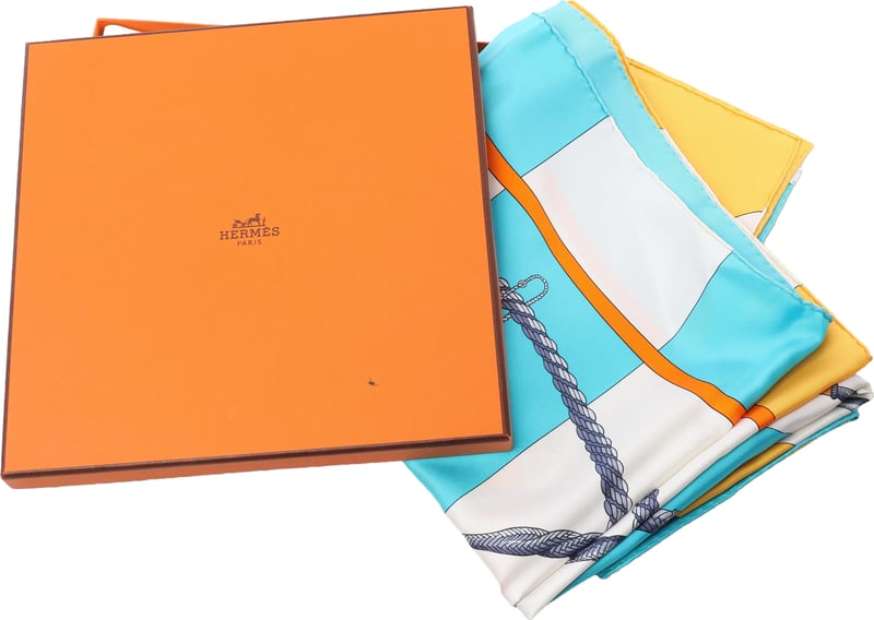 Hermès Carré 90 "Clic Clac" Scarf Silk in Blue x Yellow