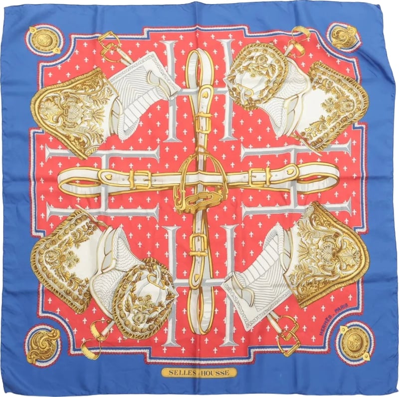 Hermès Carré 90 "SELLES A HOUSSE" Scarf Silk in Blue x Red