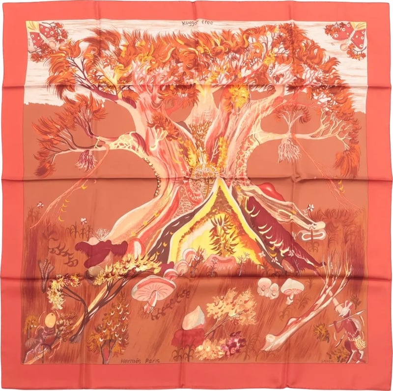 Hermès Carré 90 "Kuggor Tree" Scarf Silk in Red