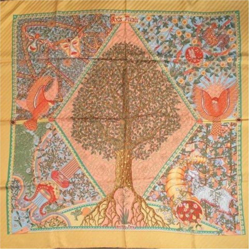 Hermès Carre 90 "Axis Mundi" Plissé Scarf Silk in Orange