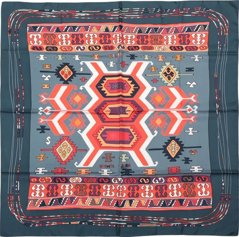 Hermès Carré 90 "KILIM" Silk handkerchief in Gray x Red