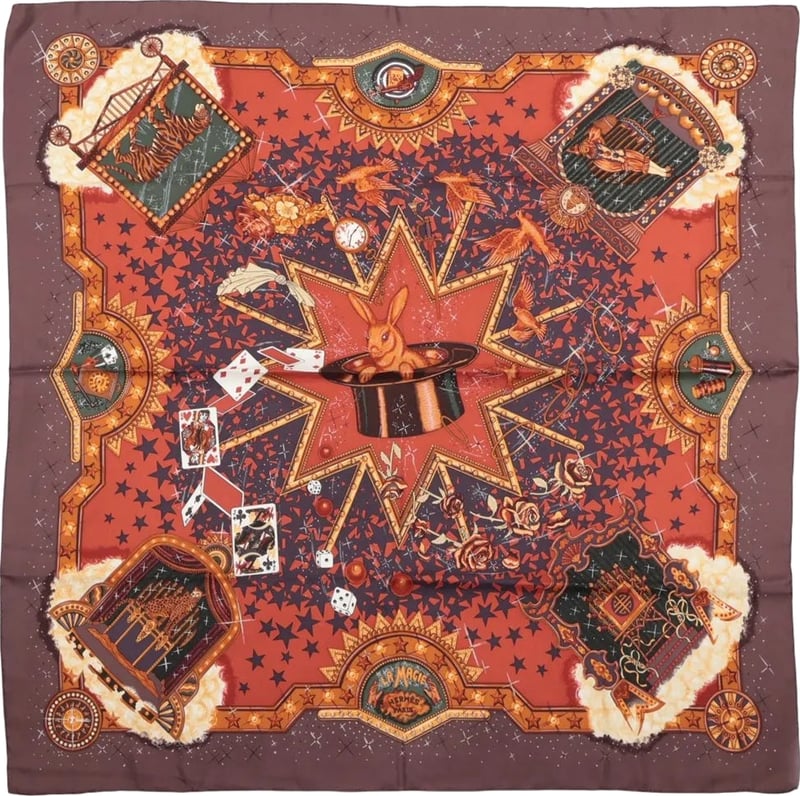 Hermès Carré 90 "LA MAGIE" Silk handkerchief in Brown