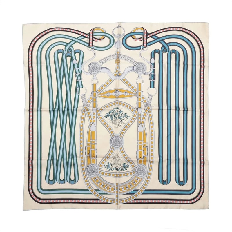 Hermès Carré 90 "Grand Tralala" Silk handkerchief in Beige x Blue