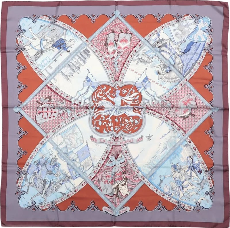 Hermès Carré 90 "LA VIE a CHEVAL" Silk handkerchief in Brown x Blue