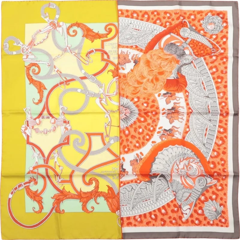 Hermès Carré 90 "Plumets du Roy King's" Silk handkerchief in Orange x Yellow