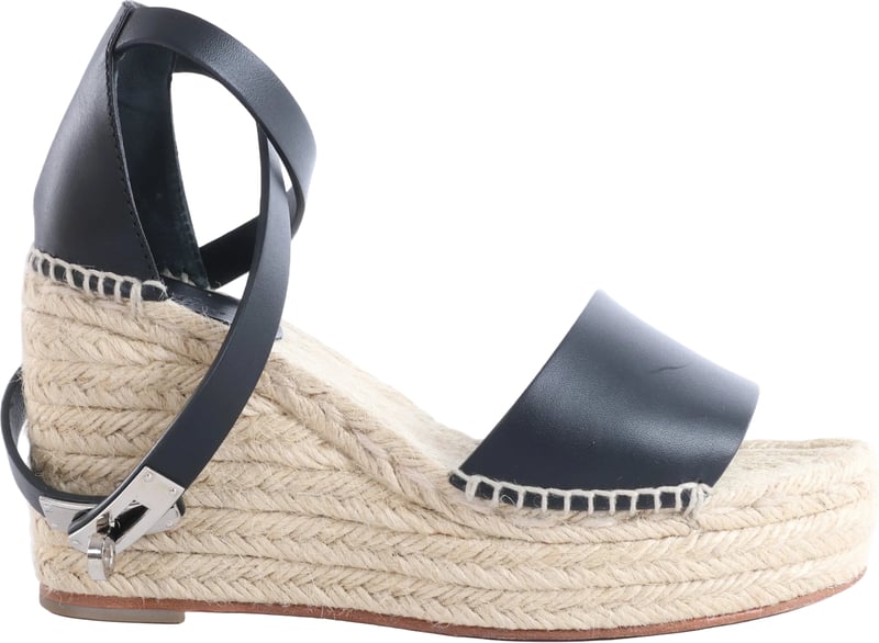 Hermès Tivoli Hemp x Leather Wedge Sole Sandals in Beige x Black 191098Z, Size EU 37