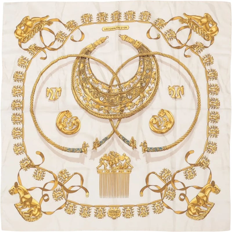 Hermès Carré 90 "LES CAVALIERS D'OR" Silk handkerchief in White