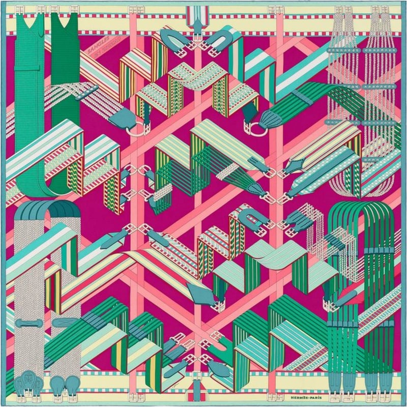 Hermès Carré Geant "SANGLES EN ZIGZAG" Cashmere and Silk Scarf in Green x Purple