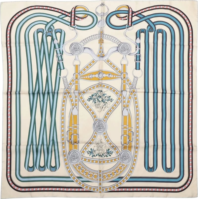Hermès Carré 90 "Grand Tralala" Silk handkerchief in Beige x Blue