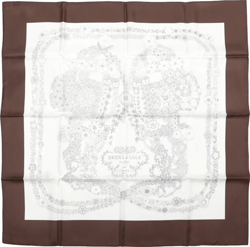 Hermès Carré 90 "Brides de Gala en Fleurs" Silk handkerchief in Brown
