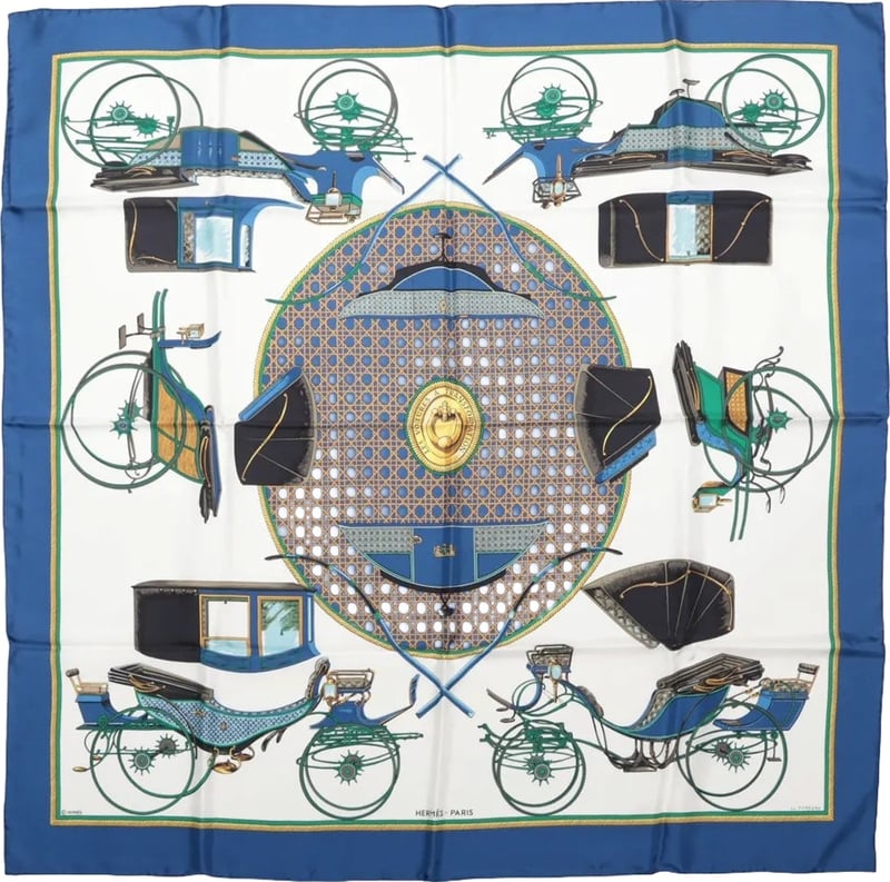Hermès Carré 90 "LES VOITURES A TRANSFORMATION" Silk handkerchief in Blue