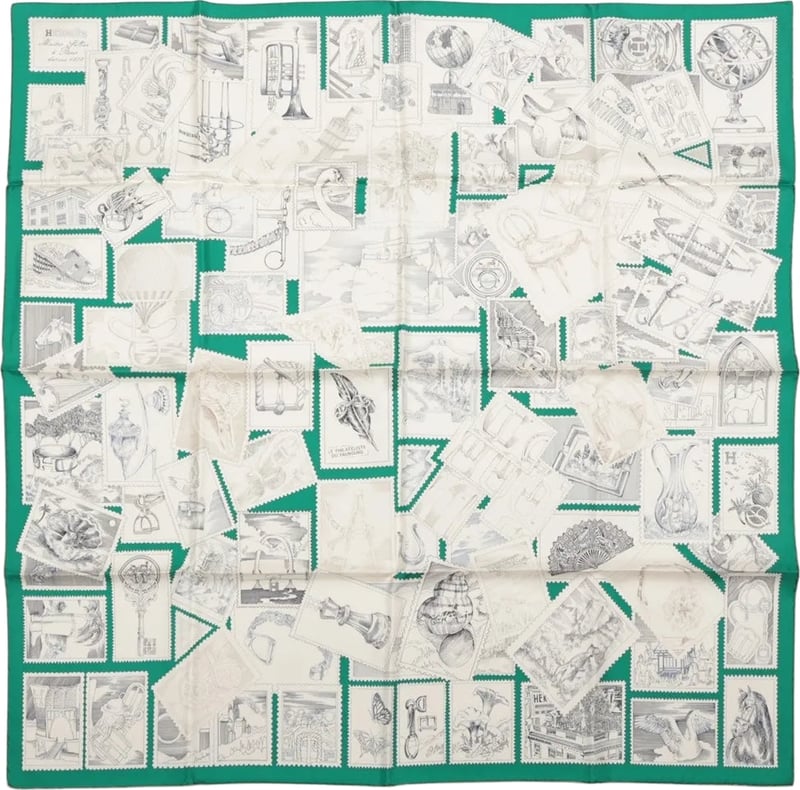 Hermès Carré 90 "LE PHILATELISTE DU FAUBOURG" Silk handkerchief in Green