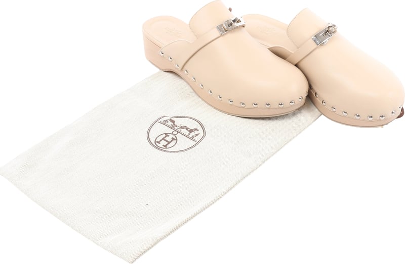 Hermès Kalya Leather Mule 38 Ladies' Beige Kelly Metal Fittings Studs Sapo with bag