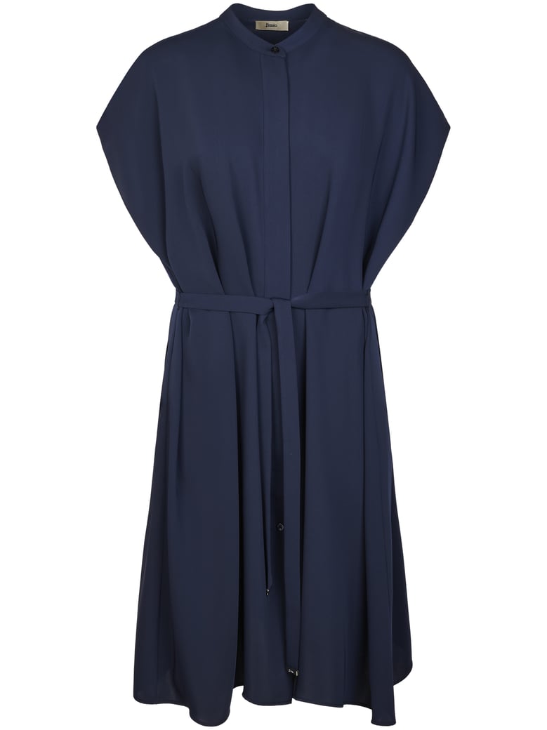 Flowing Blue Dress with High Neckline