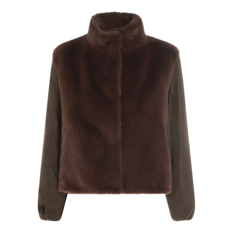 Plush Brown Fur Panel Jacket with Cropped Silhouette