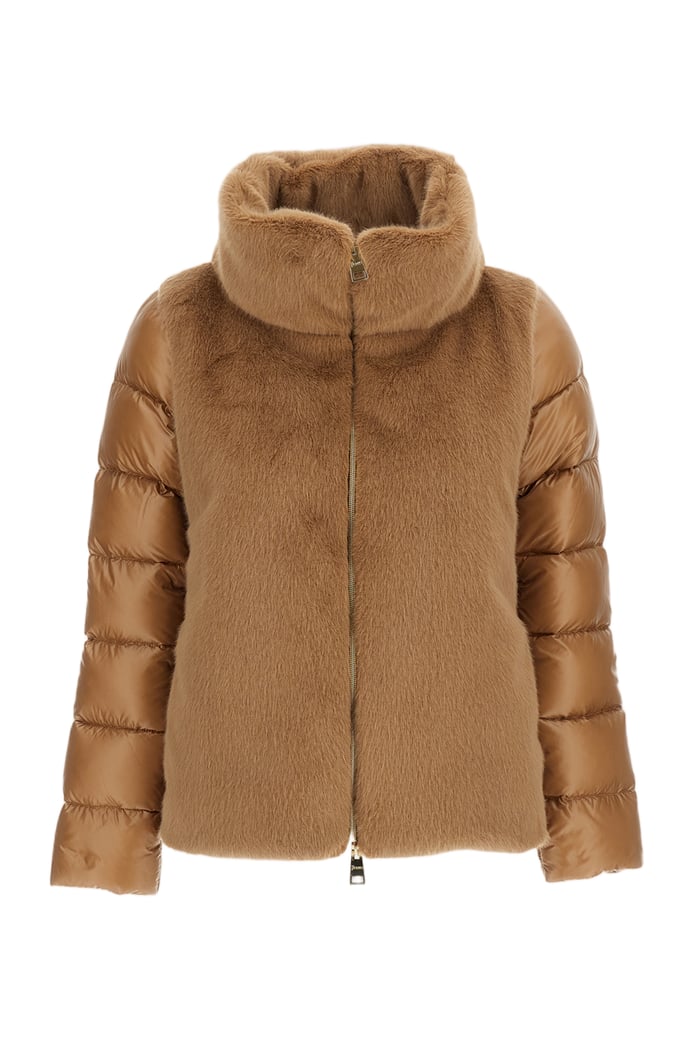 High Neck Faux Fur-Lined Down Jacket with Boxy Silhouette
