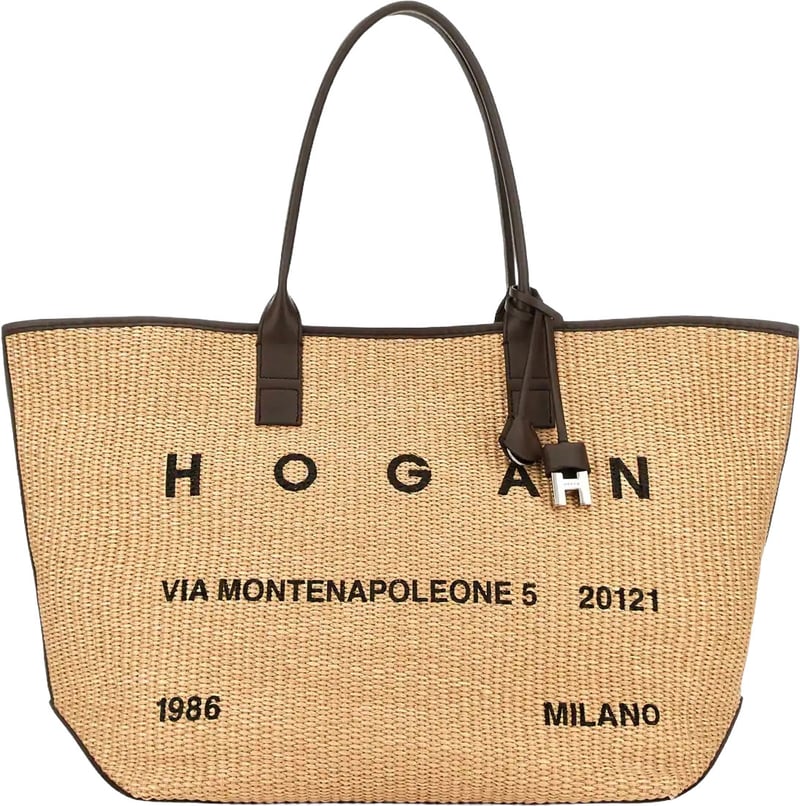 Beige Address Shopping Media Raffia Shopping Bag