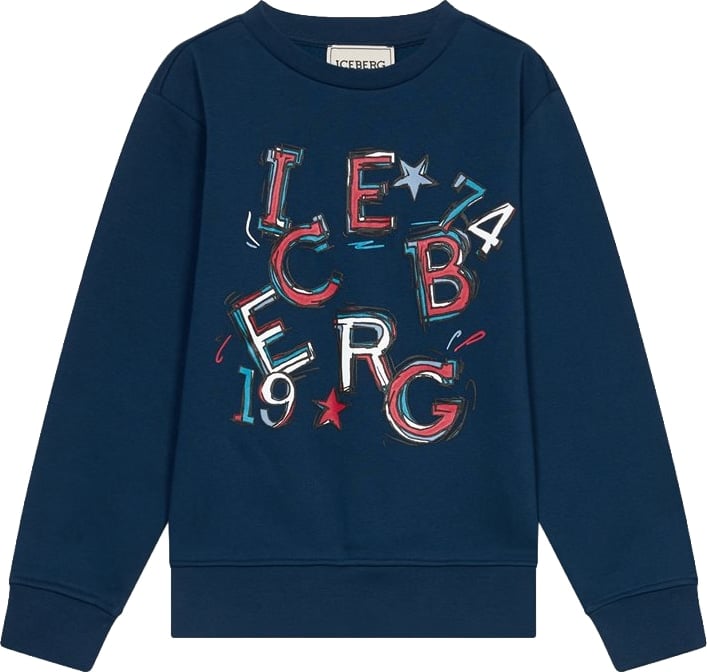 Boys' navy blue crew-neck sweatshirt with Iceberg 1974 graphic