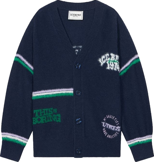 Girls' navy blue knitted cardigan with varsity graphics
