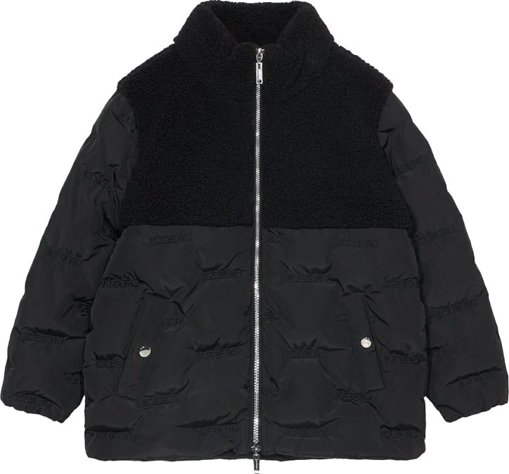 Girls' black padded jacket with teddy-effect insert