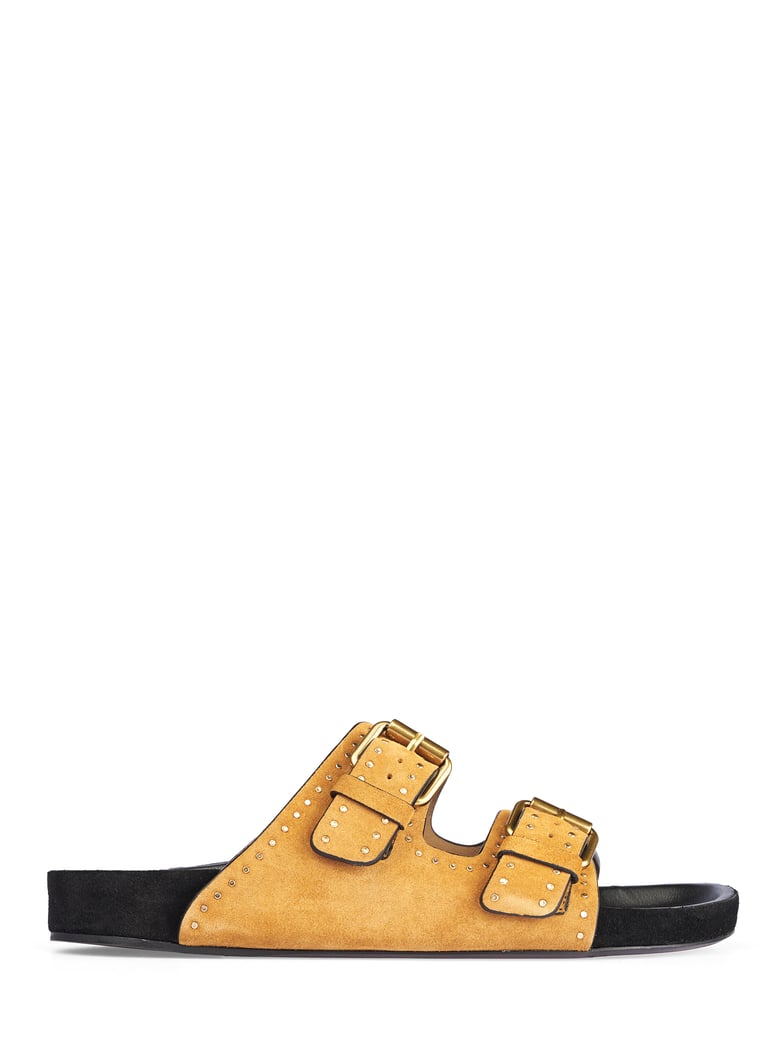 Tan Suede Sandals with Gold Accents
