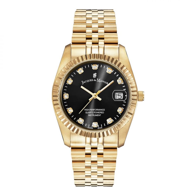 Jacques du Manoir Horloge NRO.21 Staal met Geelgouden Plating en Zwarte Wijzerplaat met Zirconia 36mm