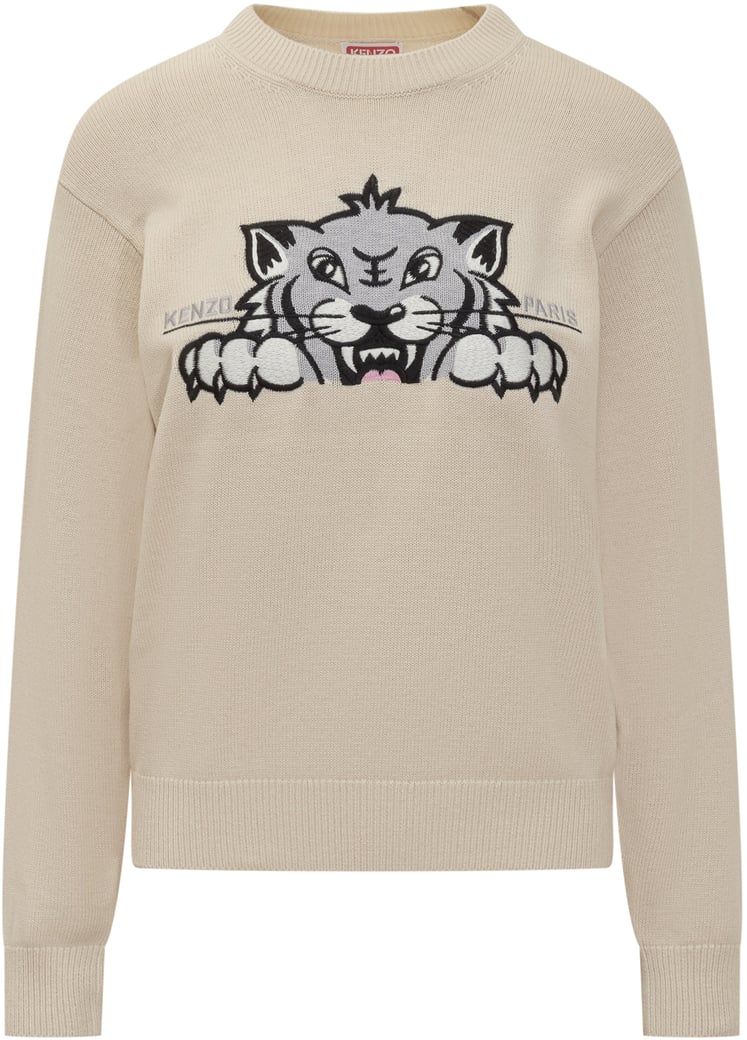 Kenzo Maglione Beige con Ricamo Tigre