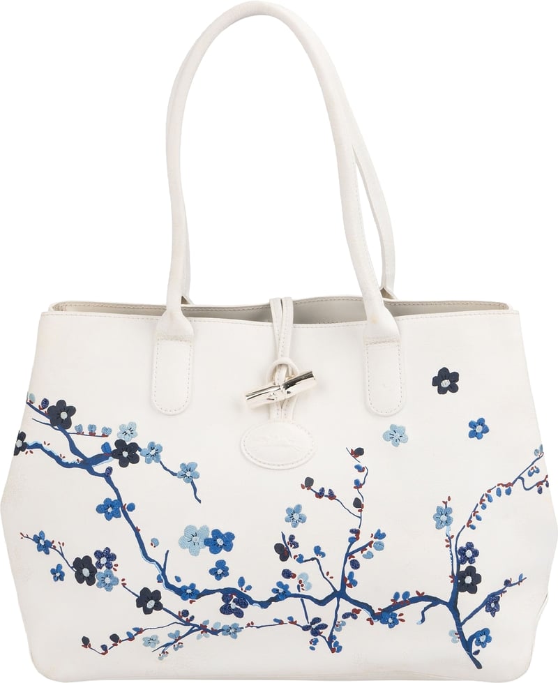 Longchamp White Canvas Blue Embroidered Roseau Sakura Shoulder Bag