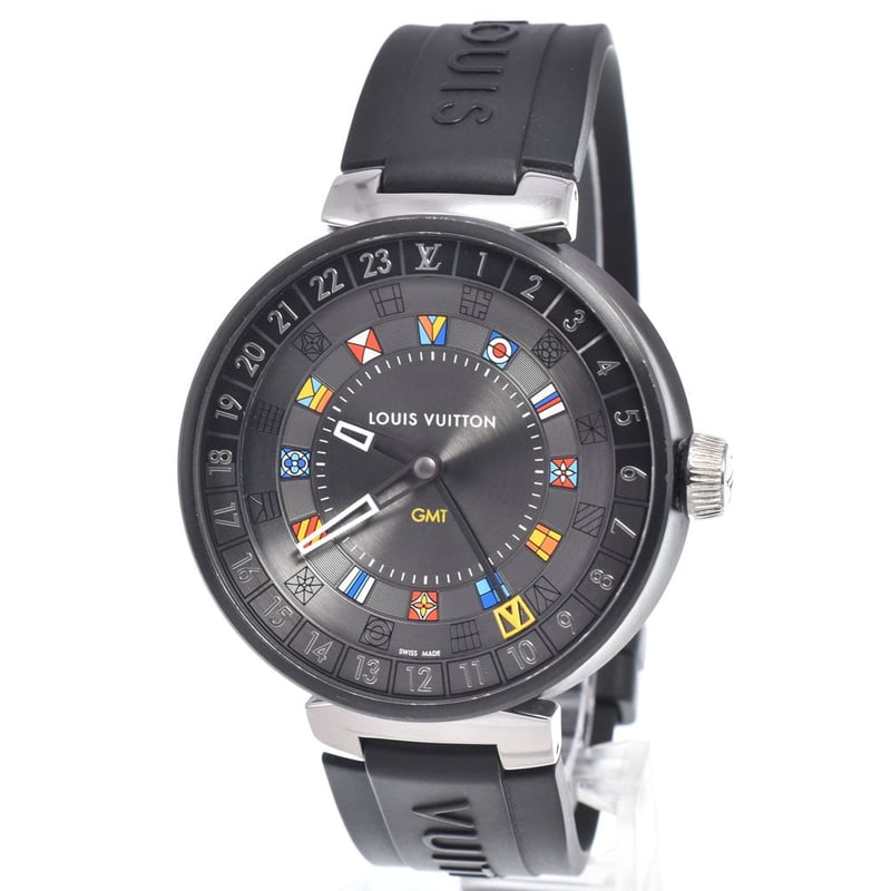 Louis Vuitton Tambour Moon Dual Time Quartz Stainless Steel with Diamond Lugs and Markers and Leather 35