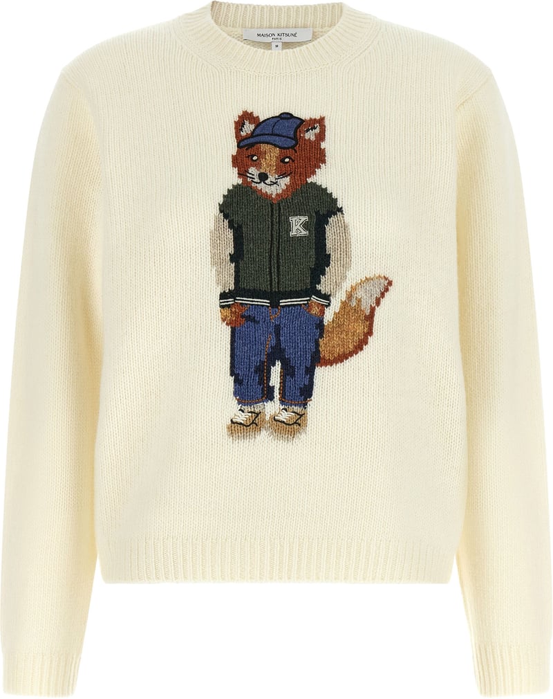 Dressed Fox Intarsia Wool Jumper with Ribbed Neckline