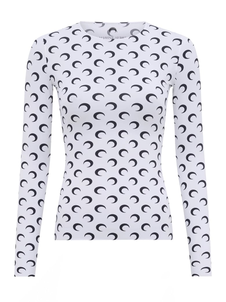 White Crescent Moon Print Stretch Nylon Fitted Top