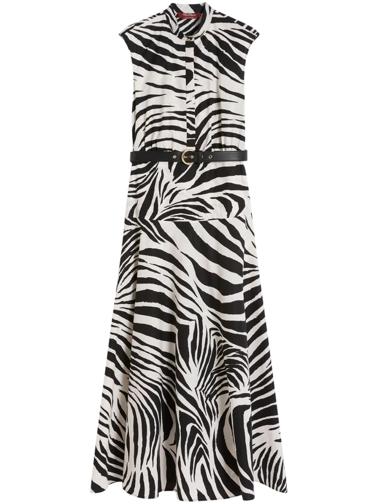 Zebra Print Midi Dress with High Collar and Gold Buckle