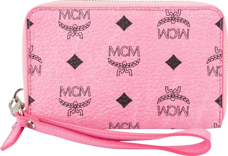 MCM Pink Monogram Visetos Small Zip Around Organiser Wallet