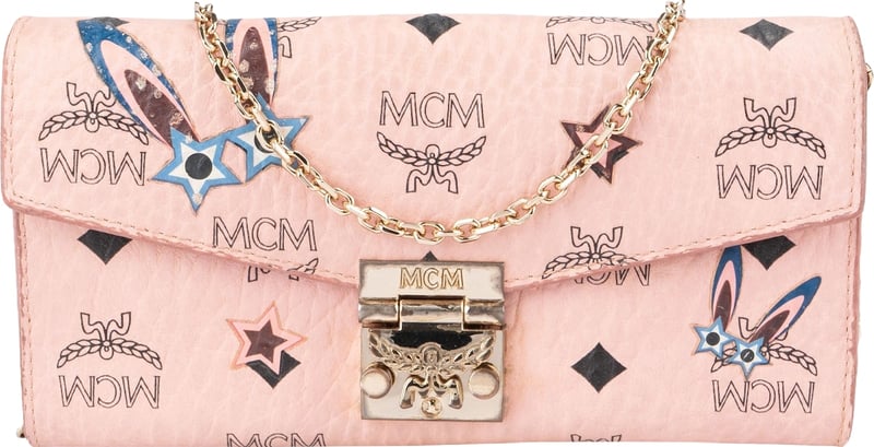 MCM Pink Monogram Patricia Visetos Rabbit Wallet On Chain Crossbody Bag
