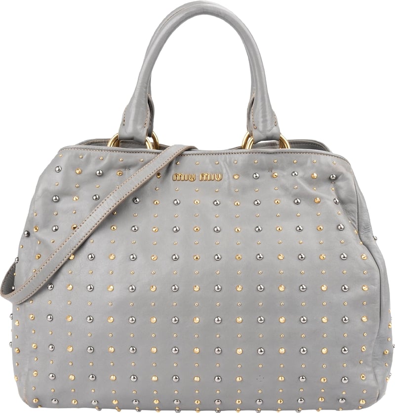 Miu Miu Grey Studded Leather Tote Handbag