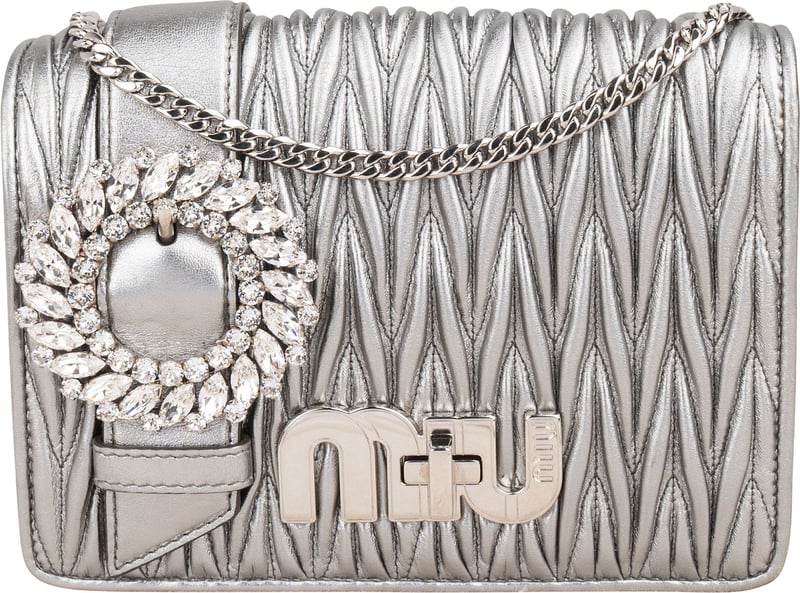 Miu Miu Metallic Silver Matelassé Nappa Leather Crystal Small Crossbody Bag