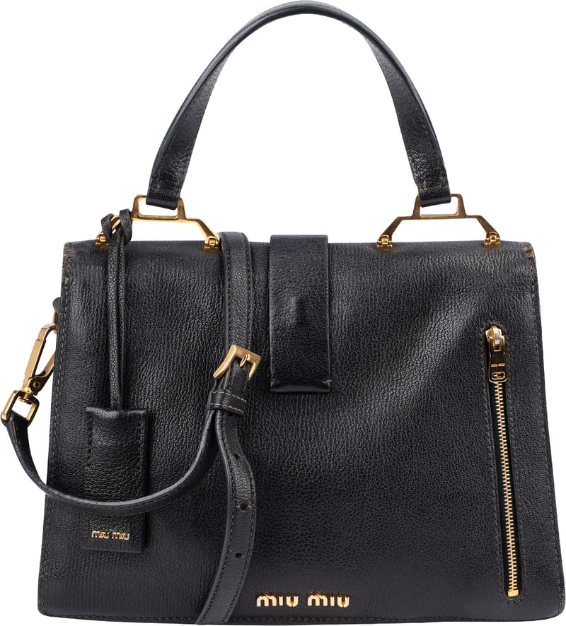Miu Miu Black Grained Leather Madras Top Handle Handbag