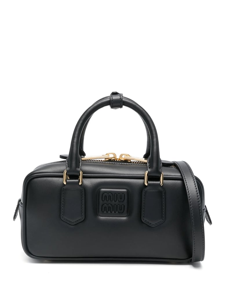 Rectangular Black Leather Handbag with Gold-tone Hardware