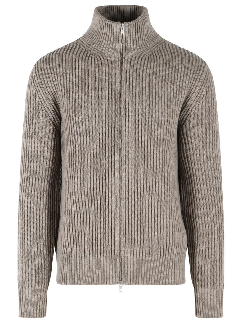 Ribbed Wool-Blend High Collar Zip-Through Knit