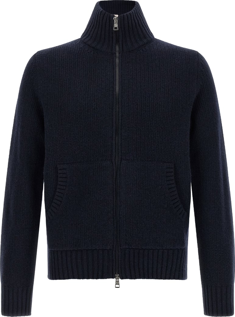 Ribbed Zip-Up Embroidered Logo Cardigan