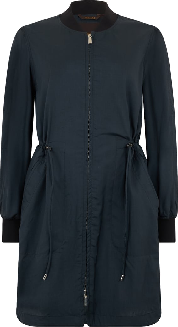 Light dark blue coat with zip, minimal and versatile.