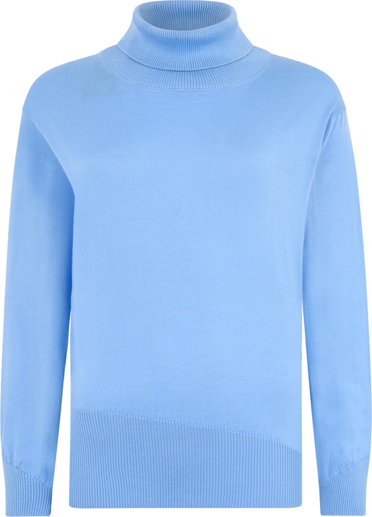 Blue sweater with high collar and long sleeves.