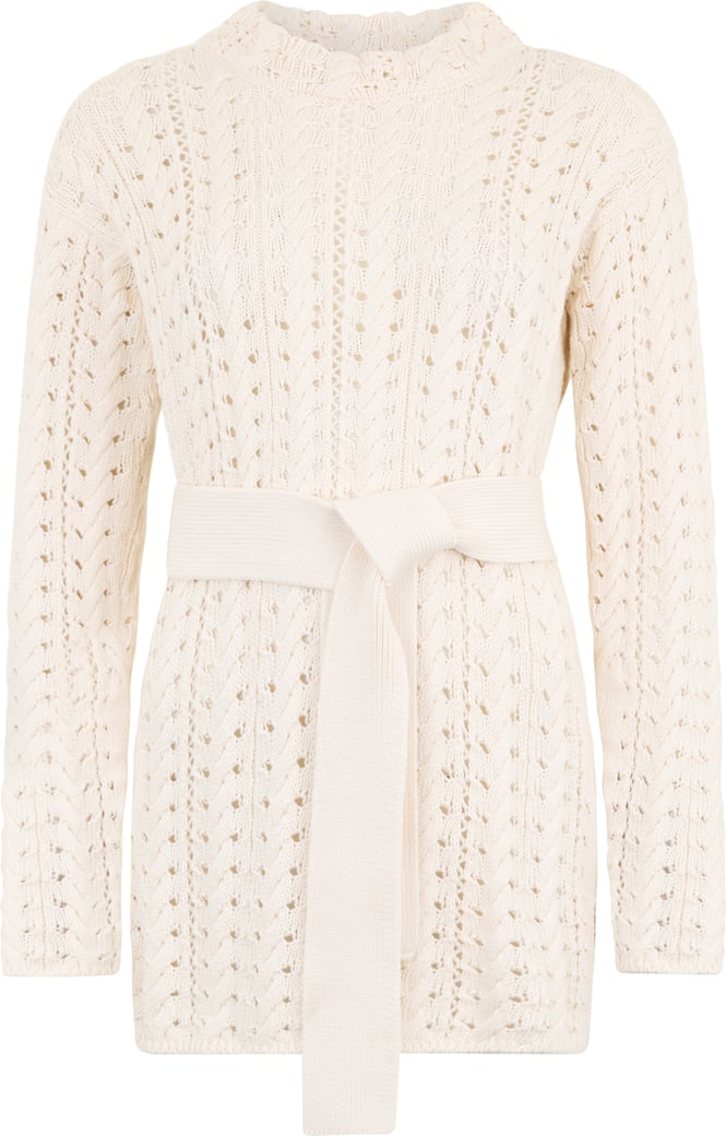 Dress in knitted fabric in white cream color with a belt that highlights the waist.