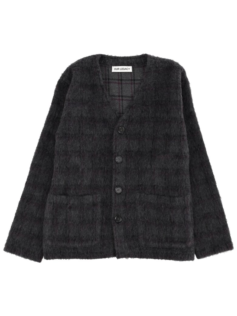 Soft Textured Checkered Wool-Blend Cardigan