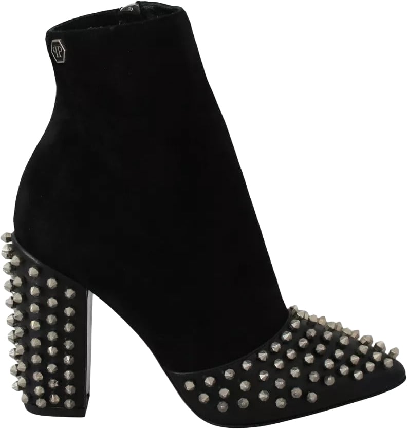 Philipp Plein Black Suede Studded Heels Ankle Boots Shoes