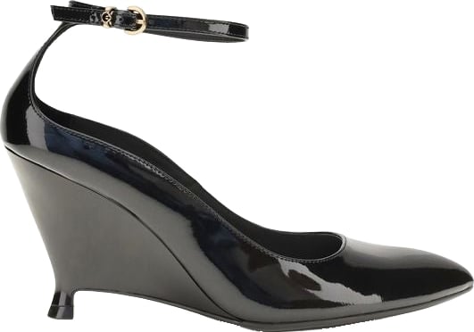 Black Pointed-Toe Patent Leather Wedge Pumps