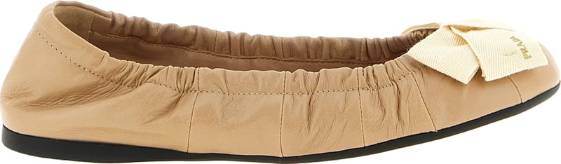 Beige Sabbia Leather Curled Bow Flats
