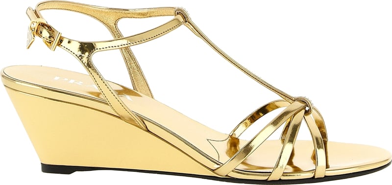 Prada Gold Calfskin Wedge Sandals