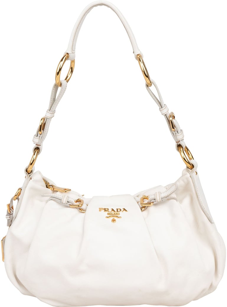 Prada White Soft Calf Leather Ruched Shoulder Bag